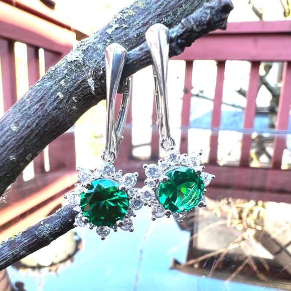 Halo Emerald Earrings Sterling Silver 925 , May Birthstone - Picture 1 of 11